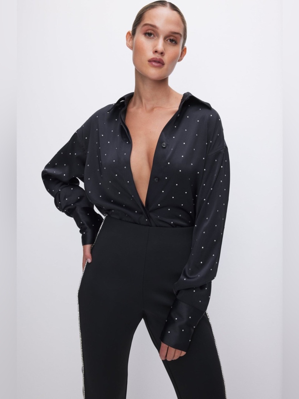 GOOD AMERICAN Studded Crystal Button Down Shirt